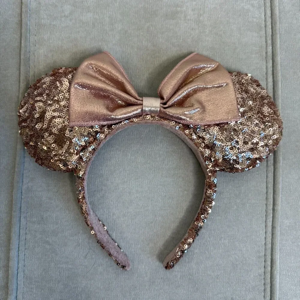 Disney Parks BUNDLE Rose Gold Sequin Pink Leopard Feather Minnie Headband Ears